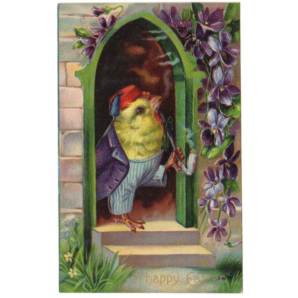 Antique Easter Postcard Anthropomorphic Dressed Chick with Fez Hat - Avid Vintage