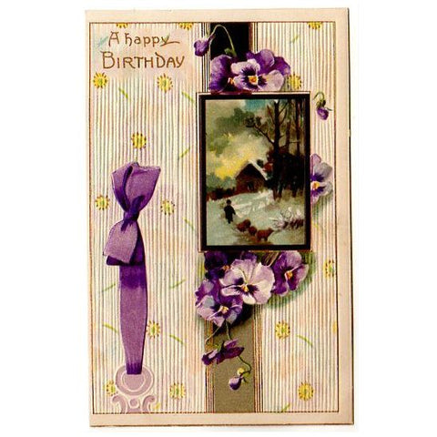 Antique Embossed Birthday Postcard Purple Violets Winter Scene Unused