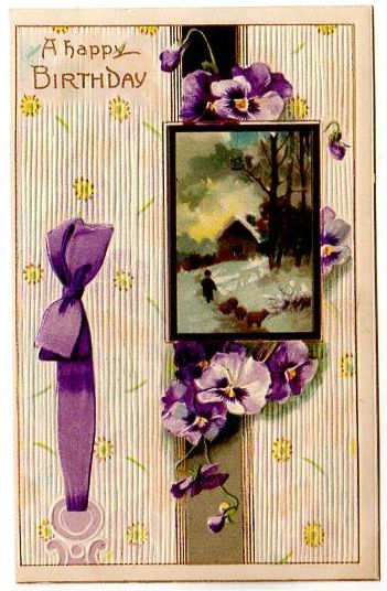 Antique Embossed Birthday Postcard Purple Violets Winter Scene Unused