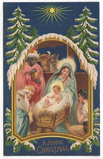 Antique Embossed AMB Christmas Postcard Jesus in the Manger Mary Wise Men - Avid Vintage