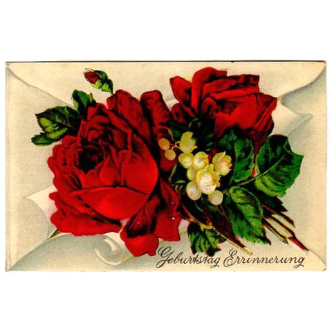 Antique German Postcard Birthday Reminder Red Roses Envelope