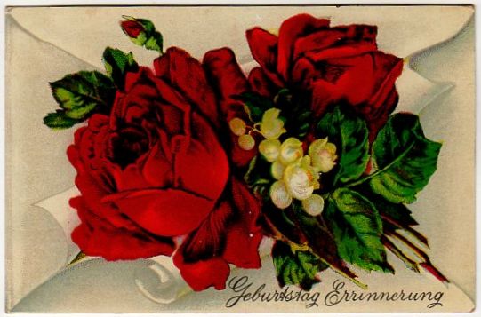Antique German Postcard Birthday Reminder Red Roses Envelope