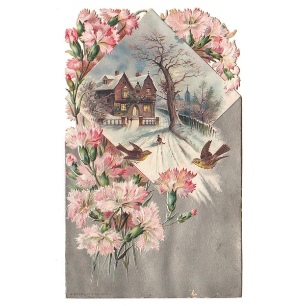 Antique Gibson Victorian Embossed Diecut Scrap Card Winter House Scene