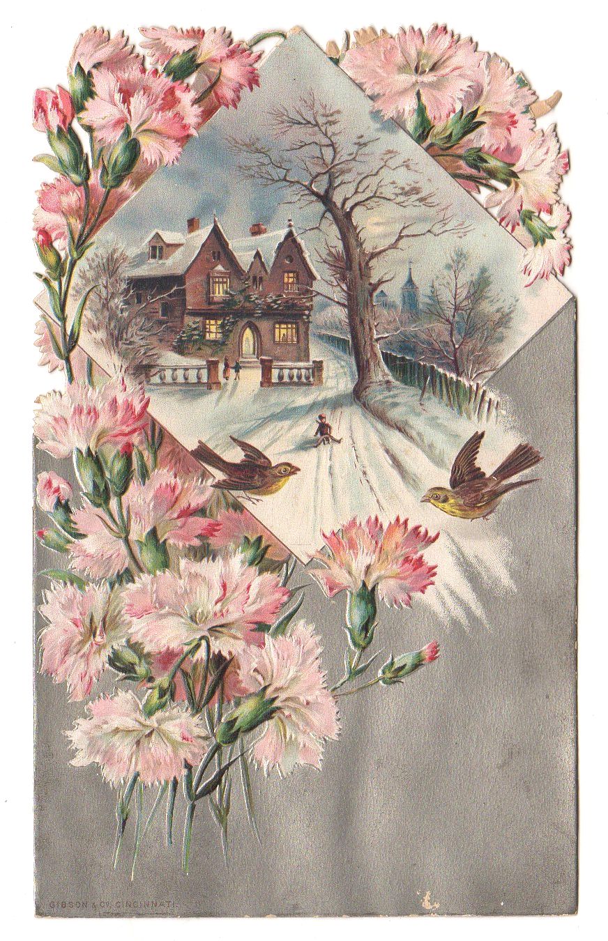 Antique Gibson Victorian Embossed Diecut Scrap Card Winter House Scene
