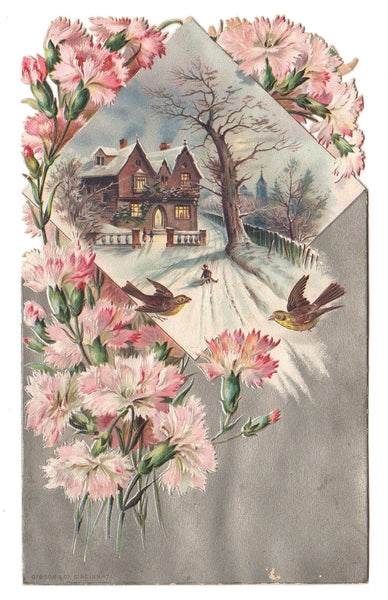 Antique Gibson Victorian Embossed Diecut Scrap Card Winter House Scene