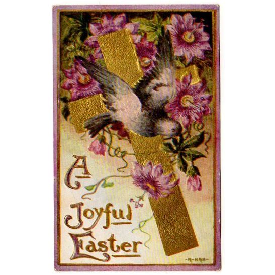 Antique Postcard A Joyful Easter Gold Metallic Cross and Dove
