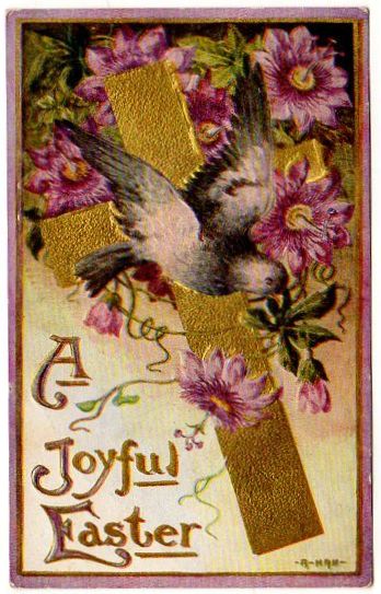 Antique Postcard A Joyful Easter Gold Metallic Cross and Dove