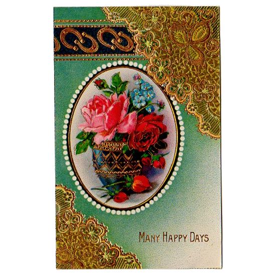 Antique Postcard Gold Metallic Lace Horseshoes Roses in Vase