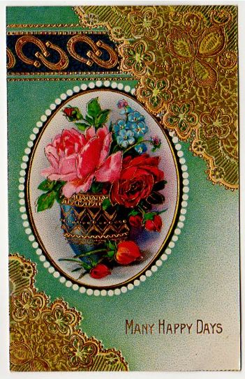 Antique Postcard Gold Metallic Lace Horseshoes Roses in Vase