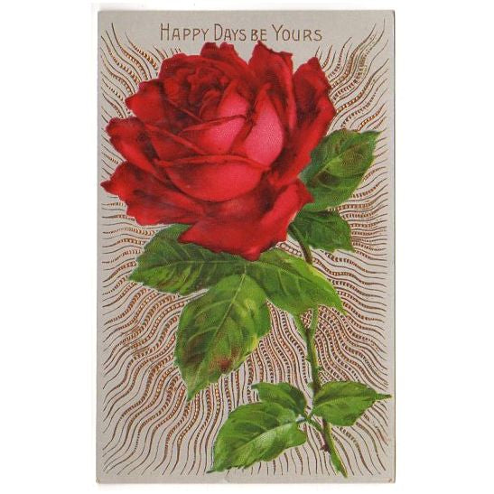 Antique Postcard Red Rose Gold Metallic Rays Unused