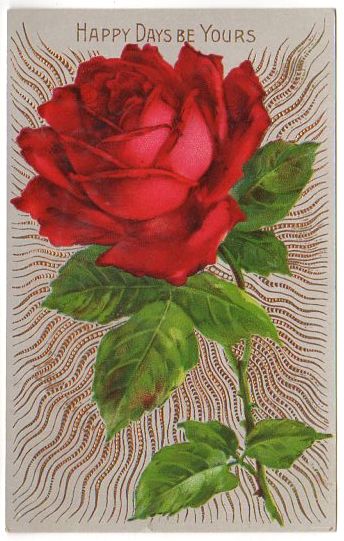 Antique Postcard Red Rose Gold Metallic Rays Unused