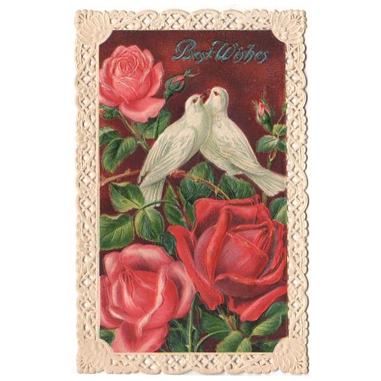 Antique Postcard Red Roses Doves Die Cut Lace Border Best Wishes