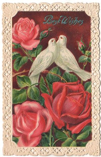 Antique Postcard Red Roses Doves Die Cut Lace Border Best Wishes
