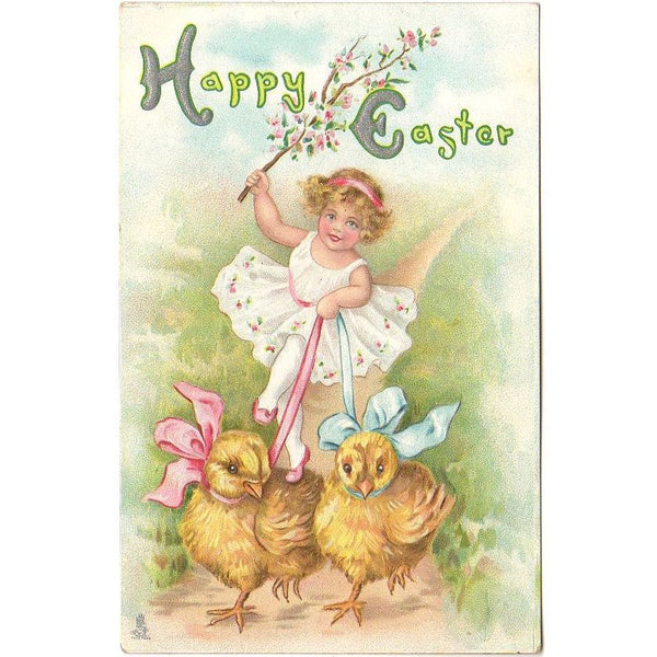 Antique Raphael Tuck's Happy Easter Postcard Girl with Baby Chicks - Avid Vintage