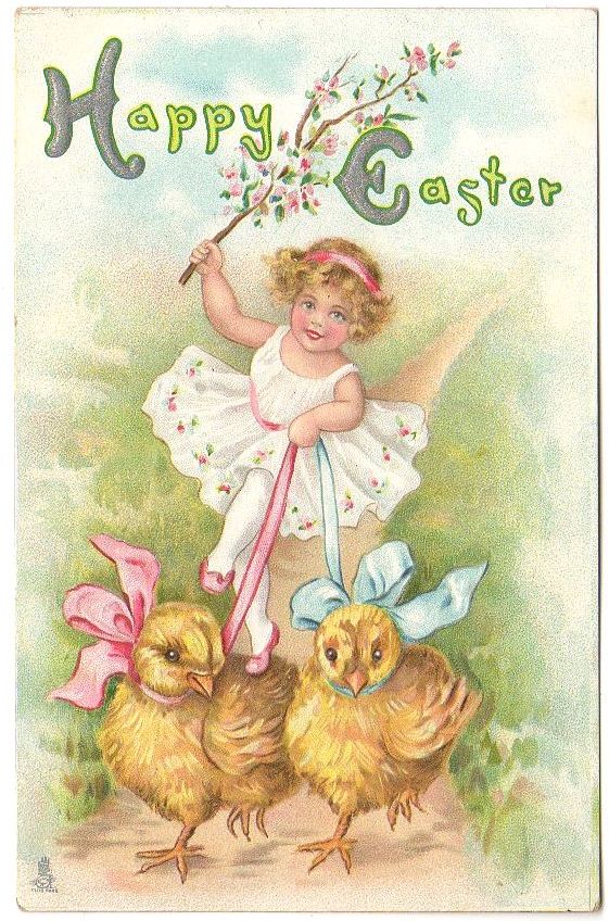 Antique Raphael Tuck's Happy Easter Postcard Girl with Baby Chicks - Avid Vintage
