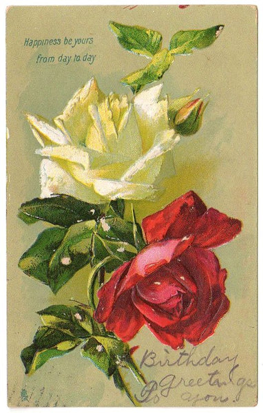 Antique Raphael Tuck Embossed Birthday Postcard Red and White Rose - Avid Vintage
