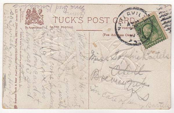 Antique Raphael Tuck Embossed Birthday Postcard Red and White Rose - Avid Vintage