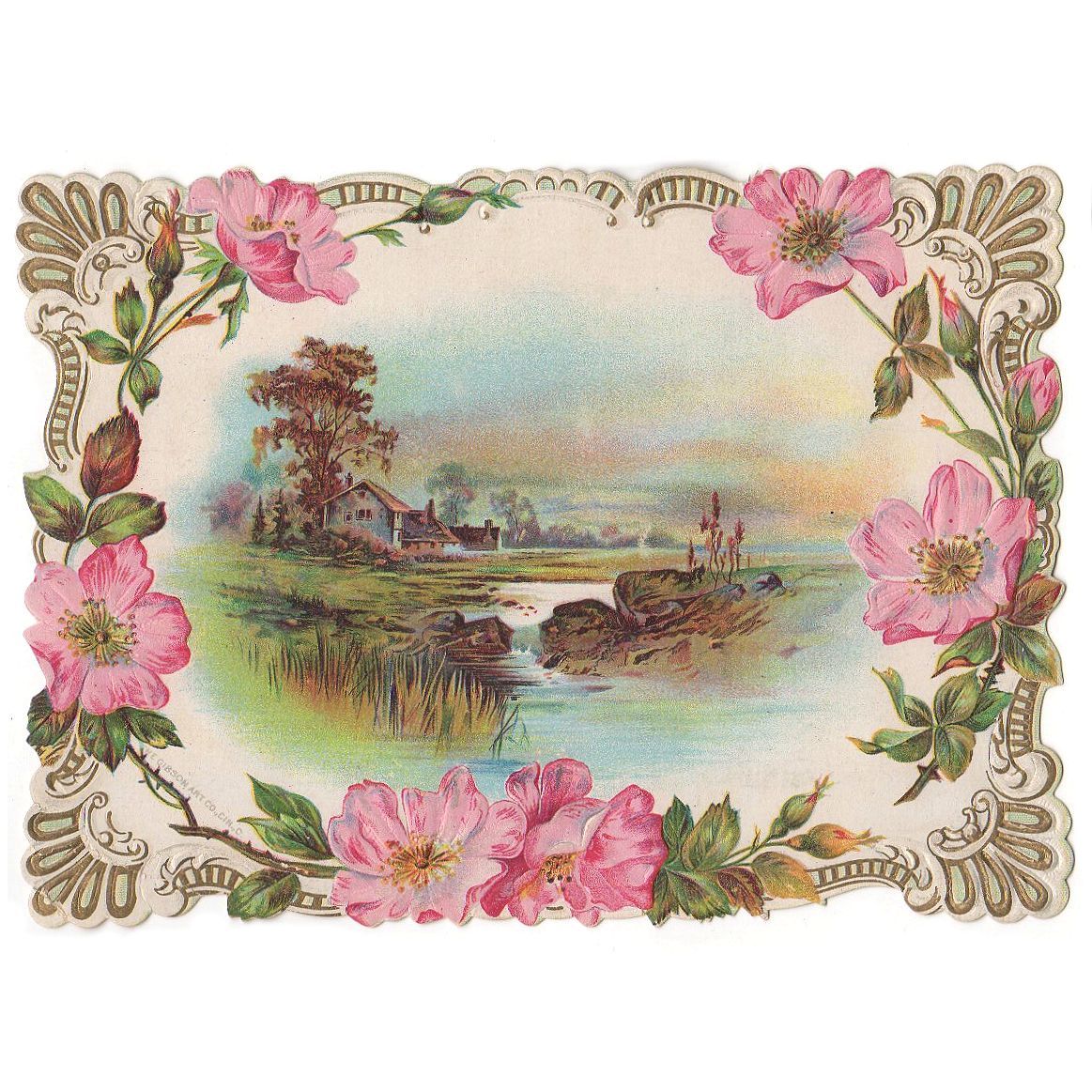 Antique Reward of Merit Large Card Embossed House Scene Pink Flowers