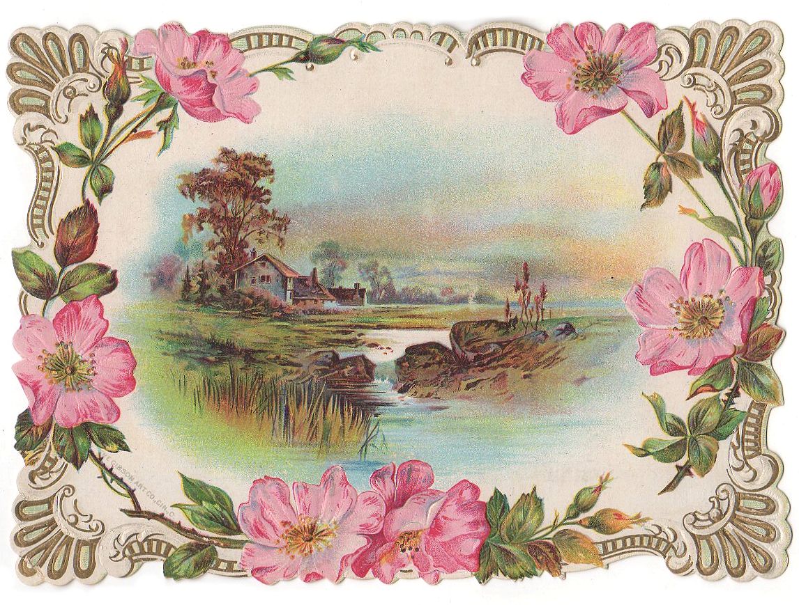 Antique Reward of Merit Large Card Embossed House Scene Pink Flowers