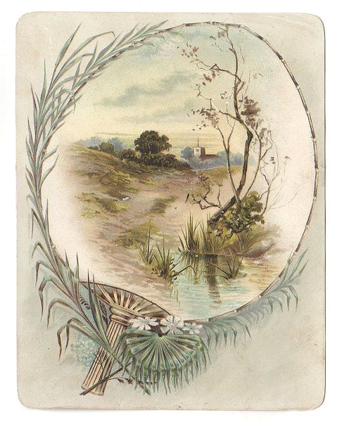 Antique Ephemera Victorian Card Hand Fan Nature Scene