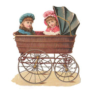 Antique Wicker Baby Stroller Victorian Die Cut Scrap Boy and Girl - Avid Vintage