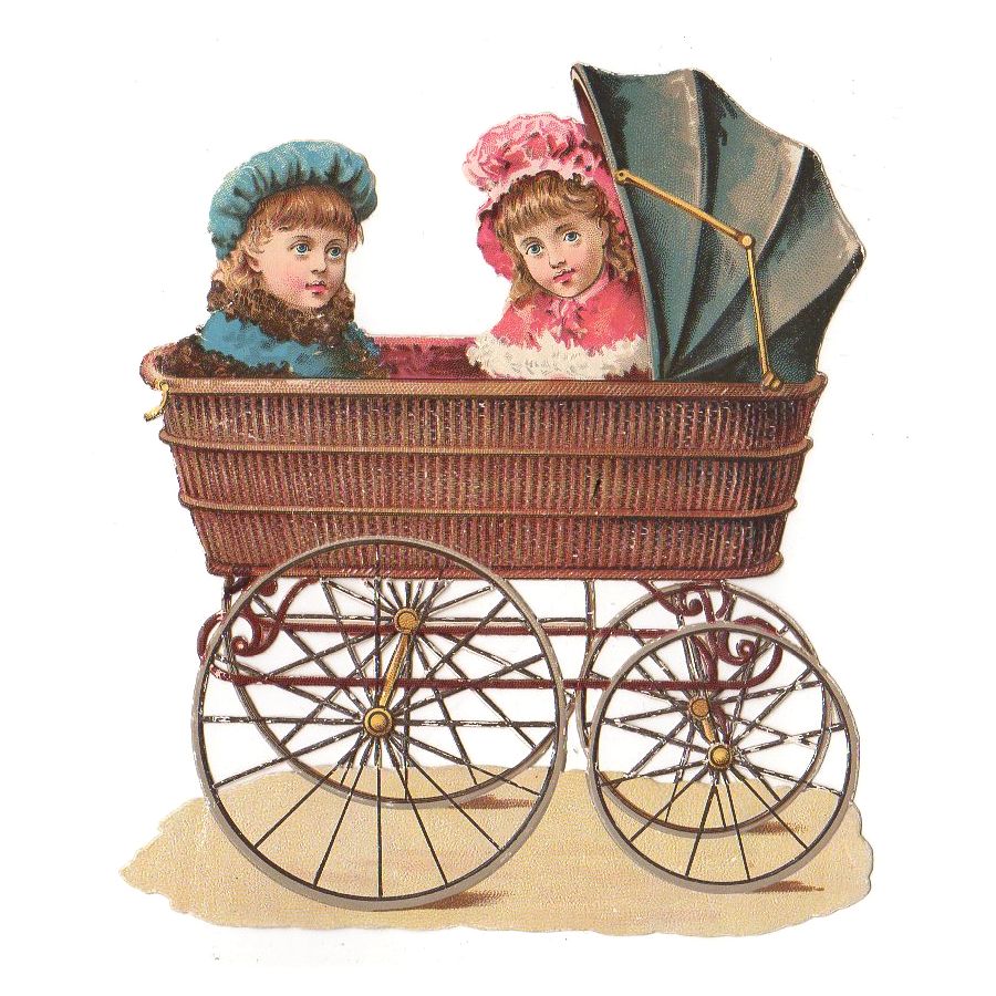 Antique Wicker Baby Stroller Victorian Die Cut Scrap Boy and Girl - Avid Vintage