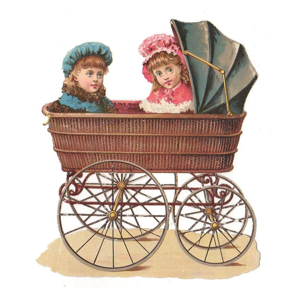 Antique Wicker Baby Stroller Victorian Die Cut Scrap Boy and Girl