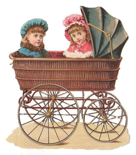 Antique Wicker Baby Stroller Victorian Die Cut Scrap Boy and Girl