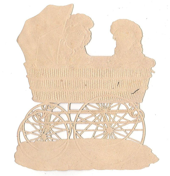 Antique Wicker Baby Stroller Victorian Die Cut Scrap Boy and Girl
