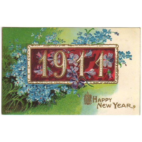 Antique Year of 1911 Embossed New Year Postcard Blue Flowers on Green - Avid Vintage