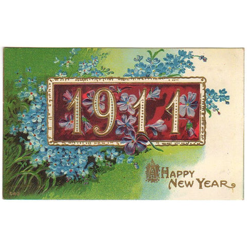Antique Year of 1911 Embossed New Year Postcard Blue Flowers on Green - Avid Vintage