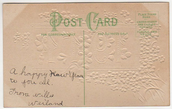 Antique Year of 1911 Embossed New Year Postcard Blue Flowers on Green - Avid Vintage