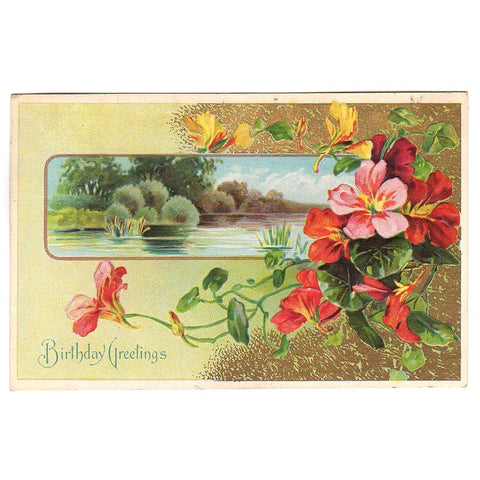 Antique Birthday Greetings Embossed Postcard Tranquil Water Scene Red Flowers - Avid Vintage