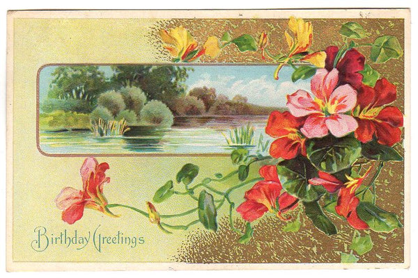Antique Birthday Greetings Embossed Postcard Tranquil Water Scene Red Flowers - Avid Vintage
