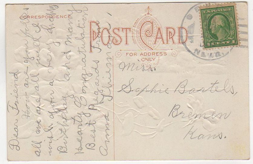 Antique Birthday Greetings Embossed Postcard Tranquil Water Scene Red Flowers - Avid Vintage
