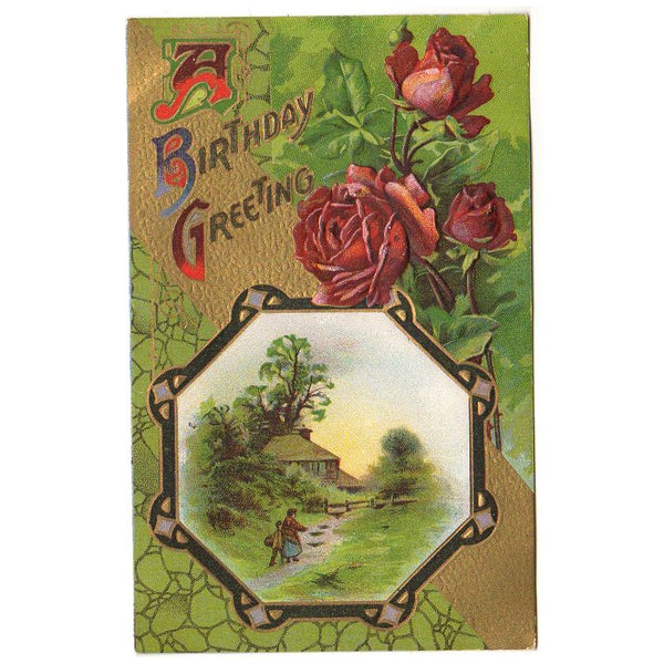 Antique Birthday Postcard Red Roses Children Walking Path to Home Paper Ephemera - Avid Vintage