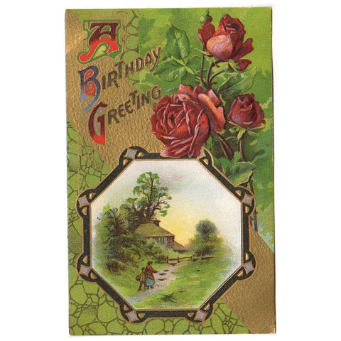 Antique Birthday Postcard Red Roses Children Walking Path to Home Paper Ephemera - Avid Vintage