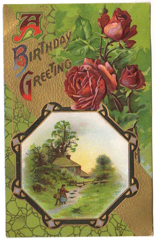 Antique Birthday Postcard Red Roses Children Walking Path to Home Paper Ephemera - Avid Vintage