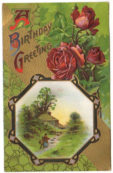 Antique Birthday Postcard Red Roses Children Walking Path to Home Paper Ephemera - Avid Vintage