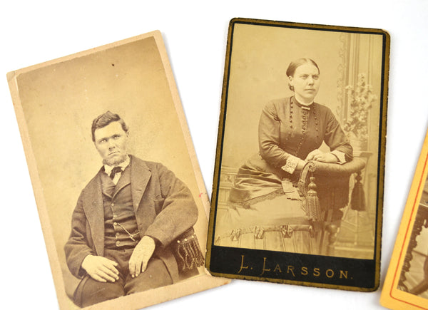 Antique CDV Photographs Lot of 3 Photos Man Woman Seated Portraits - Avid Vintage