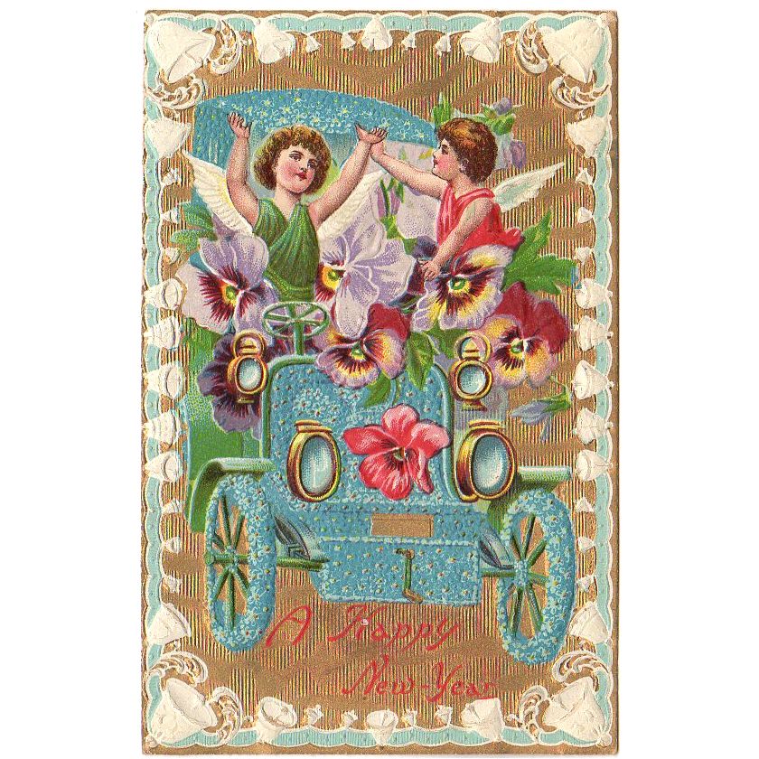 Antique Car Vintage Happy New Year Postcard Cherubs Bell Border Pansy Flowers - Avid Vintage