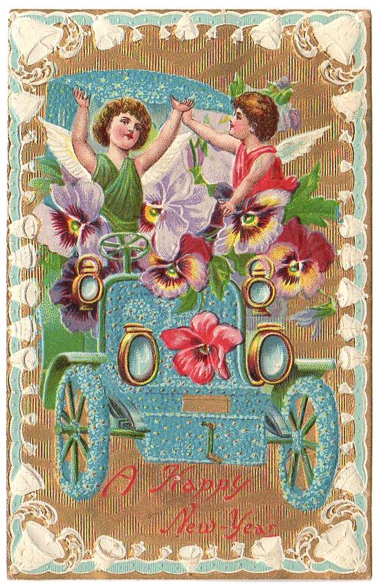 Antique Car Vintage Happy New Year Postcard Cherubs Bell Border Pansy Flowers - Avid Vintage