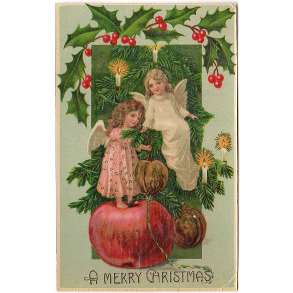 Antique Christmas Angels Postcard Stringing Nuts on Tree Candles Unused - Avid Vintage