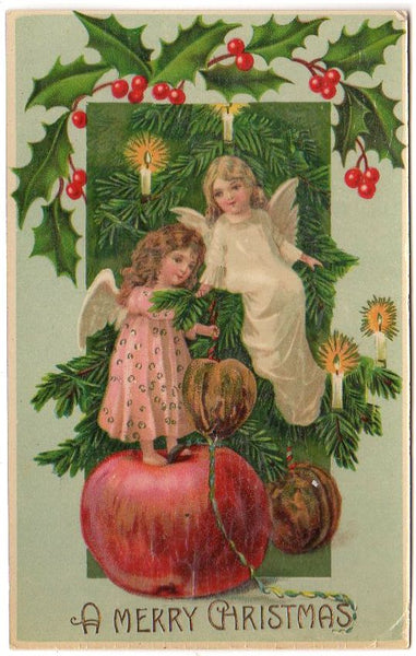 Antique Christmas Angels Postcard Stringing Nuts on Tree Candles Unused - Avid Vintage