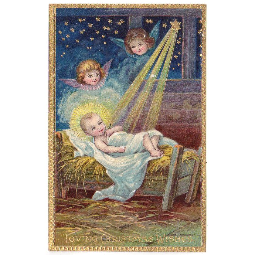 Antique Religious Christmas Postcard Baby Jesus in Manger Angels Unused - Avid Vintage