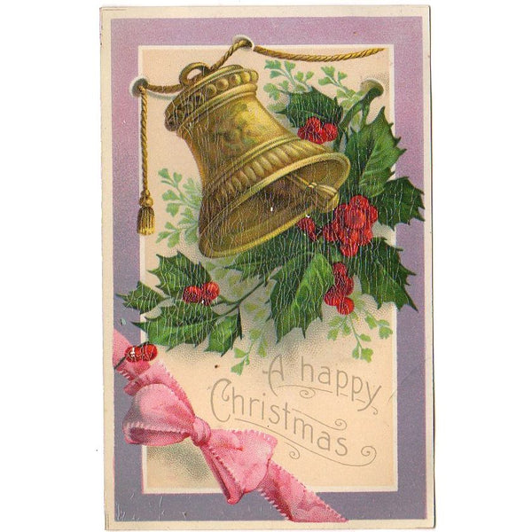 Antique Christmas Postcard Large Gold Bell Pink Bow Samson Brothers - Avid Vintage