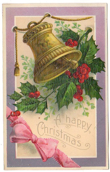 Antique Christmas Postcard Large Gold Bell Pink Bow Samson Brothers - Avid Vintage