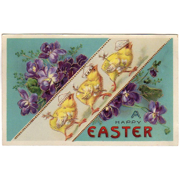 Antique Easter Postcard Anthropomorphic Chicks in Hats Violet Flowers - Avid Vintage