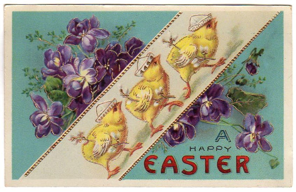 Antique Easter Postcard Anthropomorphic Chicks in Hats Violet Flowers - Avid Vintage