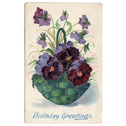 Antique Embossed Birthday Greetings Postcard Green Basket of Purple Pansies - Avid Vintage